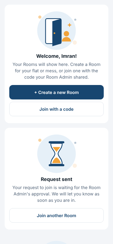 Mess Manager home screen with buttons to create a new Room or join one with a code